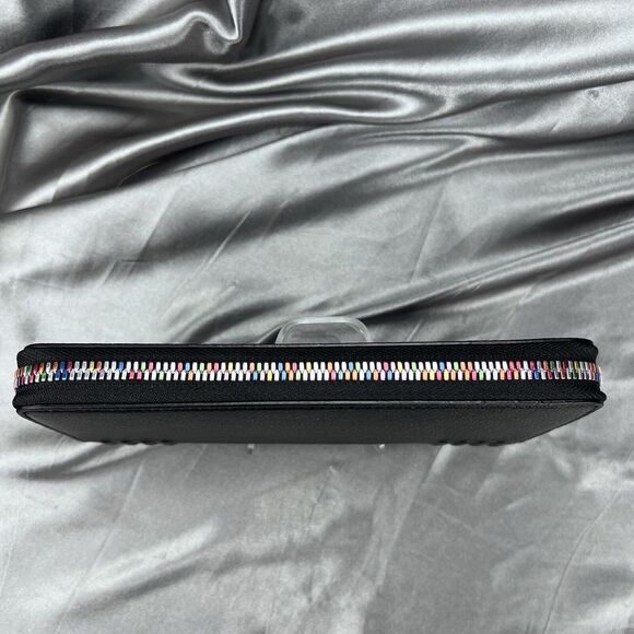 J. Estina Zip Aound Wallet Black Rainbow Accordion 12 Card Slots Pebbled Leather - Picture 8 of 17